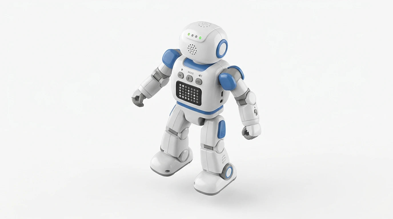 smart tech store Canada. premium tech accessories Canada. Meteer Dancing Educational AI Robot. Gallery image 7. Lines name one specific SKU—never substitute a generic lookalike from the category. After review passes, each render should still read as a fresh studio viewpoint of that same physical unit.