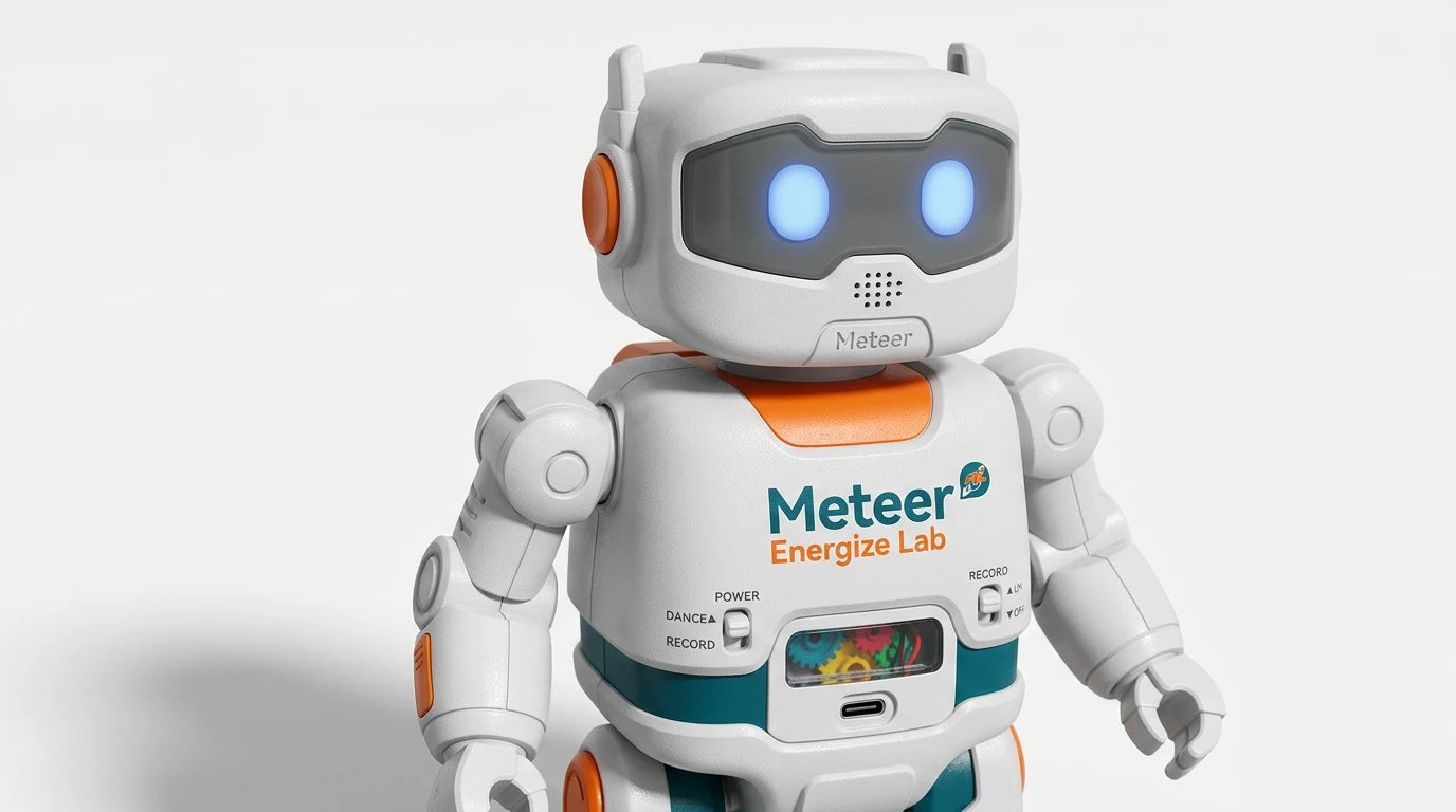 smart tech store Canada. premium tech accessories Canada. Meteer Dancing Educational AI Robot. Gallery image 9. Lines name one specific SKU—never substitute a generic lookalike from the category. After review passes, each render should still read as a fresh studio viewpoint of that same physical unit.