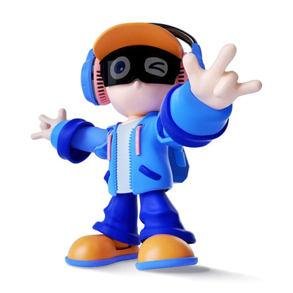 smart tech store Canada. premium tech accessories Canada. Meteer Dancing Educational AI Robot. Gallery image 1. The figure stands prominently against a seamless white background, slightly angled to the right. It features a playful character wearing a bright blue jacket with pink accents, blue pants, and orange shoes. The character has large, round glasses and headphones in pink, with a yellow cap on its head.