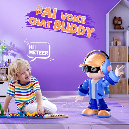 smart tech store Canada. premium tech accessories Canada. Meteer Dancing Educational AI Robot. Gallery image 2. A cheerful child with curly blonde hair sits on a purple play mat, engaged with colorful toy trains and blocks. Next to them stands a cartoonish figure, the AI Voice Chat Buddy, wearing oversized headphones and a bright orange cap, waving with one hand. The background features a light purple wall with the text "AI VOICE CHAT BUDDY" above, and a shelf with toys and blocks.