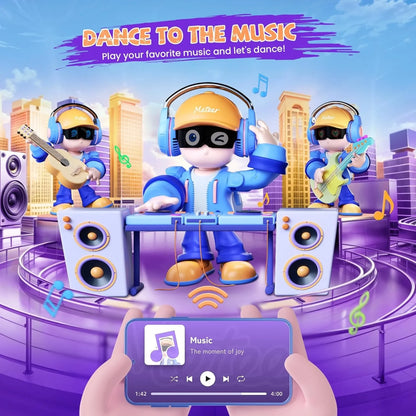 smart tech store Canada. premium tech accessories Canada. Meteer Dancing Educational AI Robot. Gallery image 3. Three cartoonish characters are depicted in a vibrant urban setting, each wearing headphones and colorful outfits. The central figure, a DJ, stands behind a white and blue turntable, gesturing with one hand while the other rests on the equipment. To the left, another character plays a small guitar, and to the right, a third character holds a larger guitar.