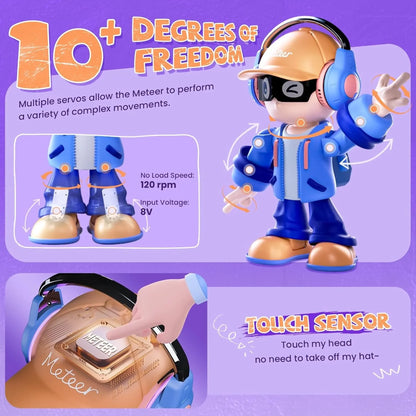 smart tech store Canada. premium tech accessories Canada. Meteer Dancing Educational AI Robot. Gallery image 4. A colorful toy figure stands prominently against a vibrant purple background. The character, wearing a blue jacket and a tan cap, has large sunglasses and headphones, with a playful pose showing a peace sign. Its feet are adorned with shiny gold shoes, and the body features orange accents.