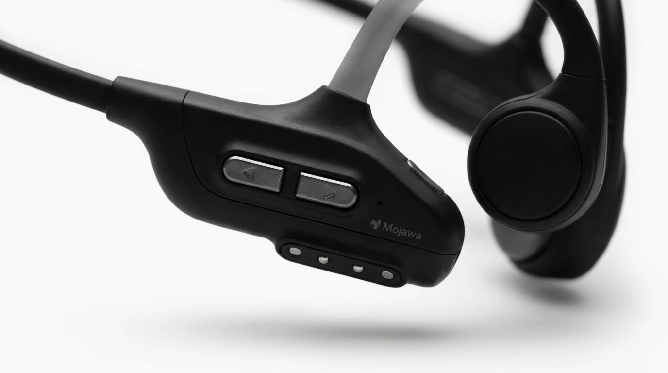 future tech gadgets Canada. smart tech store Canada. Mojawa RUN PLUS Bone Conduction Headphones. Gallery image 9. Lines name one specific SKU—never substitute a generic lookalike from the category. After review passes, each render should still read as a fresh studio viewpoint of that same physical unit.