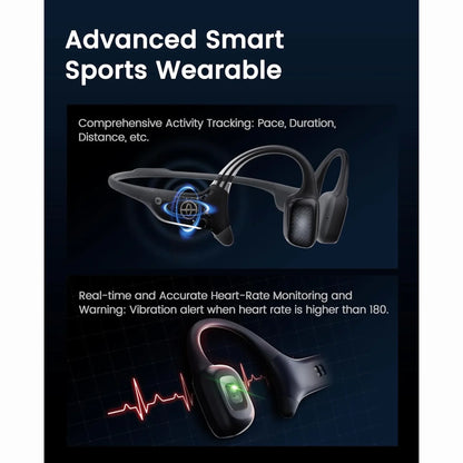 future tech gadgets Canada. smart tech store Canada. Mojawa HaptiFit Terra Head Wearable Sport System. Gallery image 1. The image features a sleek, black sports wearable device prominently displayed in the center against a dark, gradient background. The product is designed with a lightweight frame that wraps around the back of the head, with two earbud-like components extending towards the ears.