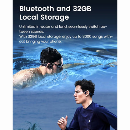 future tech gadgets Canada. smart tech store Canada. Mojawa HaptiFit Terra Head Wearable Sport System. Gallery image 3. A split image features two active individuals: one swimming underwater and the other jogging on land. The swimmer, wearing a black swim cap and goggles, is partially submerged in clear blue water, creating ripples around him. The runner, dressed in a dark blue athletic shirt, is captured mid-stride with a focused expression, wearing wireless earbuds.