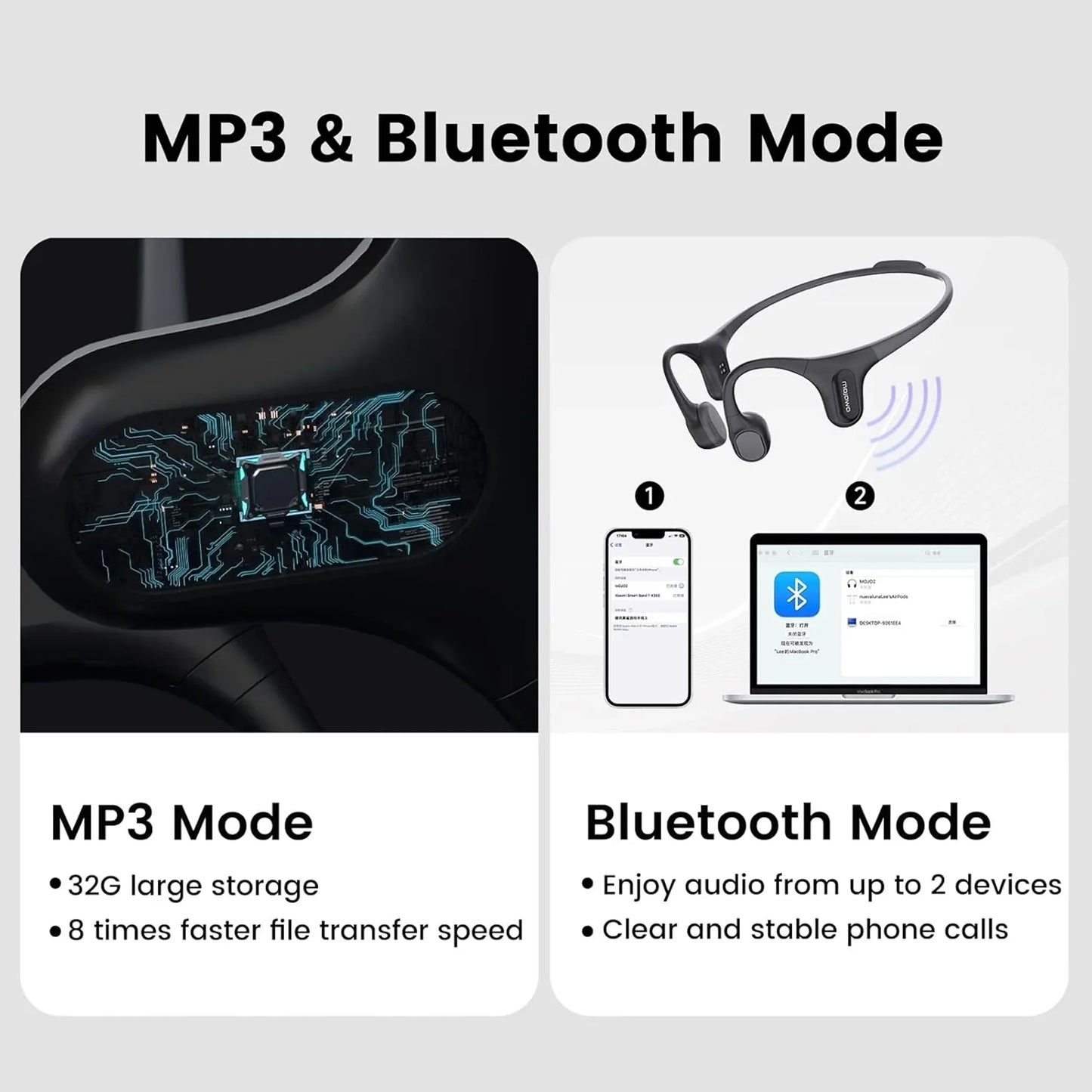 future tech gadgets Canada. smart tech store Canada. Mojawa RUN PLUS Bone Conduction Headphones. Gallery image 3. The image features a sleek, black wireless headset prominently displayed on the right side, showcasing its modern design with a lightweight frame. To the left, a close-up of the headset's internal circuitry is visible, highlighted by blue lines against a dark background. The background is a soft gray, providing contrast to the headset.