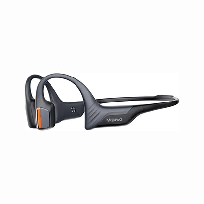 future tech gadgets Canada. smart tech store Canada. Mojawa Purra Run Bone Conduction Running Headphones. Gallery image 1. The product is a pair of wireless headphones, positioned at a slight angle against a seamless white background. The body is primarily matte black with a glossy orange accent on the left side. The design features a curved frame that wraps around the ears, with visible buttons and a textured grip on the sides.