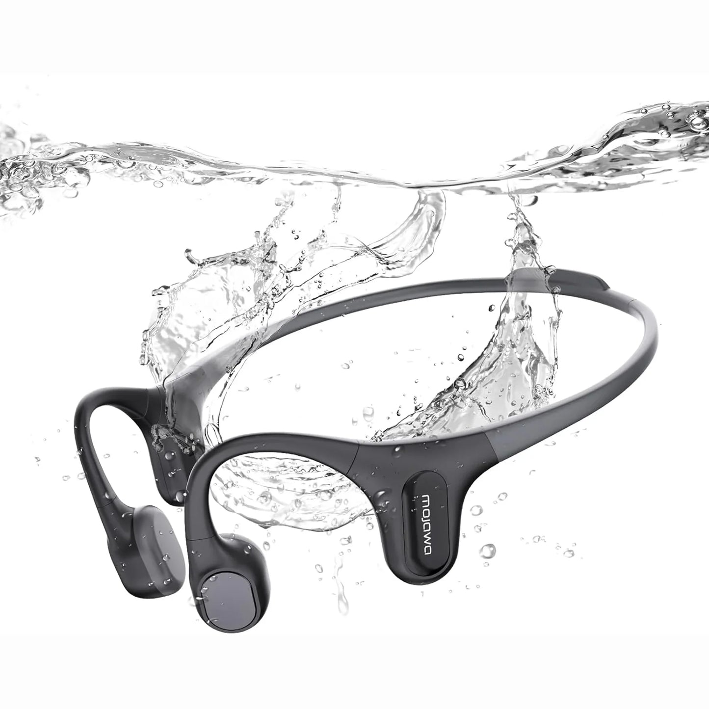 future tech gadgets Canada. smart tech store Canada. Mojawa RUN PLUS Bone Conduction Headphones. Gallery image 6. The image features a pair of wireless headphones submerged in water, creating a dynamic splash effect. The headphones are primarily black with a sleek, matte finish and have rounded ear pieces. They are positioned centrally in the frame, with water droplets and splashes surrounding them, emphasizing their water-resistant design.