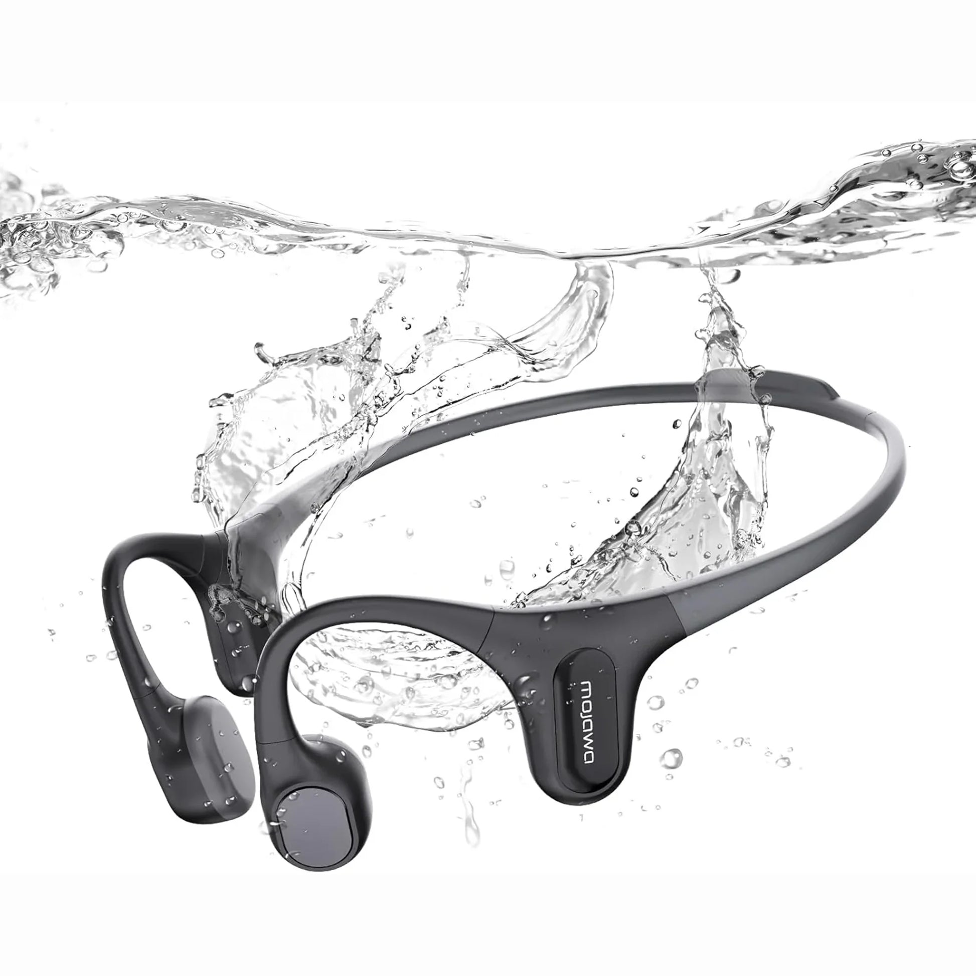 future tech gadgets Canada. smart tech store Canada. Mojawa RUN PLUS Bone Conduction Headphones. Gallery image 6. The image features a pair of wireless headphones submerged in water, creating a dynamic splash effect. The headphones are primarily black with a sleek, matte finish and have rounded ear pieces. They are positioned centrally in the frame, with water droplets and splashes surrounding them, emphasizing their water-resistant design.