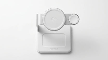 smart tech store Canada. premium tech accessories Canada. Momax 1-Charge Q.Port Qi2 3-in-1 Magnetic Wireless Charging Stand. Gallery image 4. Lines name one specific SKU—never substitute a generic lookalike from the category. After review passes, each render should still read as a fresh studio viewpoint of that same physical unit.