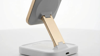 smart tech store Canada. premium tech accessories Canada. Momax 1-Charge Q.Port Qi2 3-in-1 Magnetic Wireless Charging Stand. Gallery image 5. Lines name one specific SKU—never substitute a generic lookalike from the category. After review passes, each render should still read as a fresh studio viewpoint of that same physical unit.