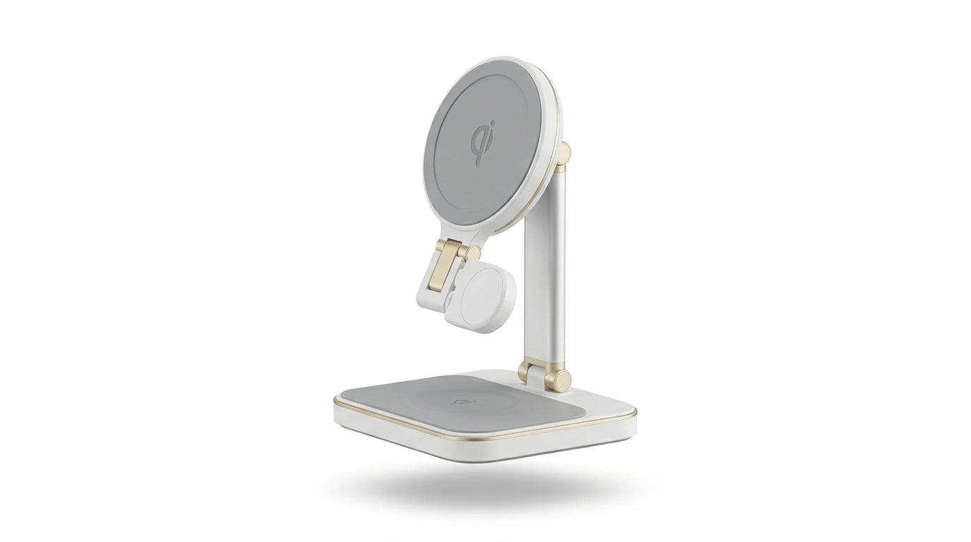 smart tech store Canada. premium tech accessories Canada. Momax 1-Charge Q.Port Qi2 3-in-1 Magnetic Wireless Charging Stand. Gallery image 7. Lines name one specific SKU—never substitute a generic lookalike from the category. After review passes, each render should still read as a fresh studio viewpoint of that same physical unit.