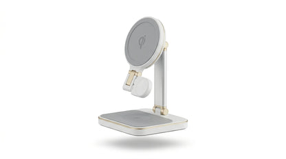 smart tech store Canada. premium tech accessories Canada. Momax 1-Charge Q.Port Qi2 3-in-1 Magnetic Wireless Charging Stand. Gallery image 7. Lines name one specific SKU—never substitute a generic lookalike from the category. After review passes, each render should still read as a fresh studio viewpoint of that same physical unit.