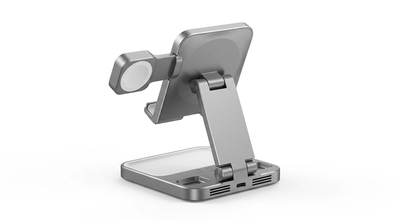 smart tech store Canada. premium tech accessories Canada. Momax 1-Charge Q.Port Qi2 3-in-1 Magnetic Wireless Charging Stand. Gallery image 8. Lines name one specific SKU—never substitute a generic lookalike from the category. After review passes, each render should still read as a fresh studio viewpoint of that same physical unit.