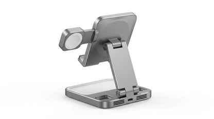 smart tech store Canada. premium tech accessories Canada. Momax 1-Charge Q.Port Qi2 3-in-1 Magnetic Wireless Charging Stand. Gallery image 8. Lines name one specific SKU—never substitute a generic lookalike from the category. After review passes, each render should still read as a fresh studio viewpoint of that same physical unit.