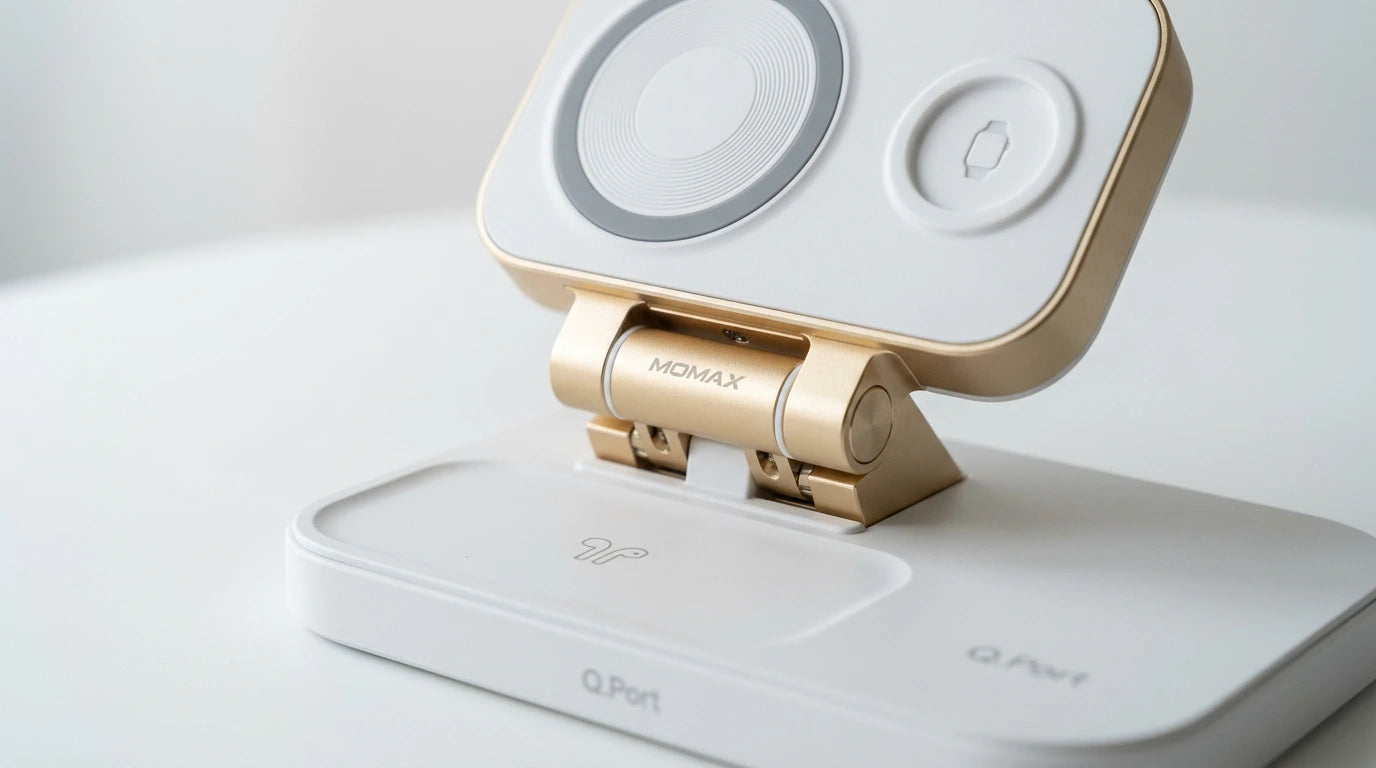 smart tech store Canada. premium tech accessories Canada. Momax 1-Charge Q.Port Qi2 3-in-1 Magnetic Wireless Charging Stand. Gallery image 9. Lines name one specific SKU—never substitute a generic lookalike from the category. After review passes, each render should still read as a fresh studio viewpoint of that same physical unit.