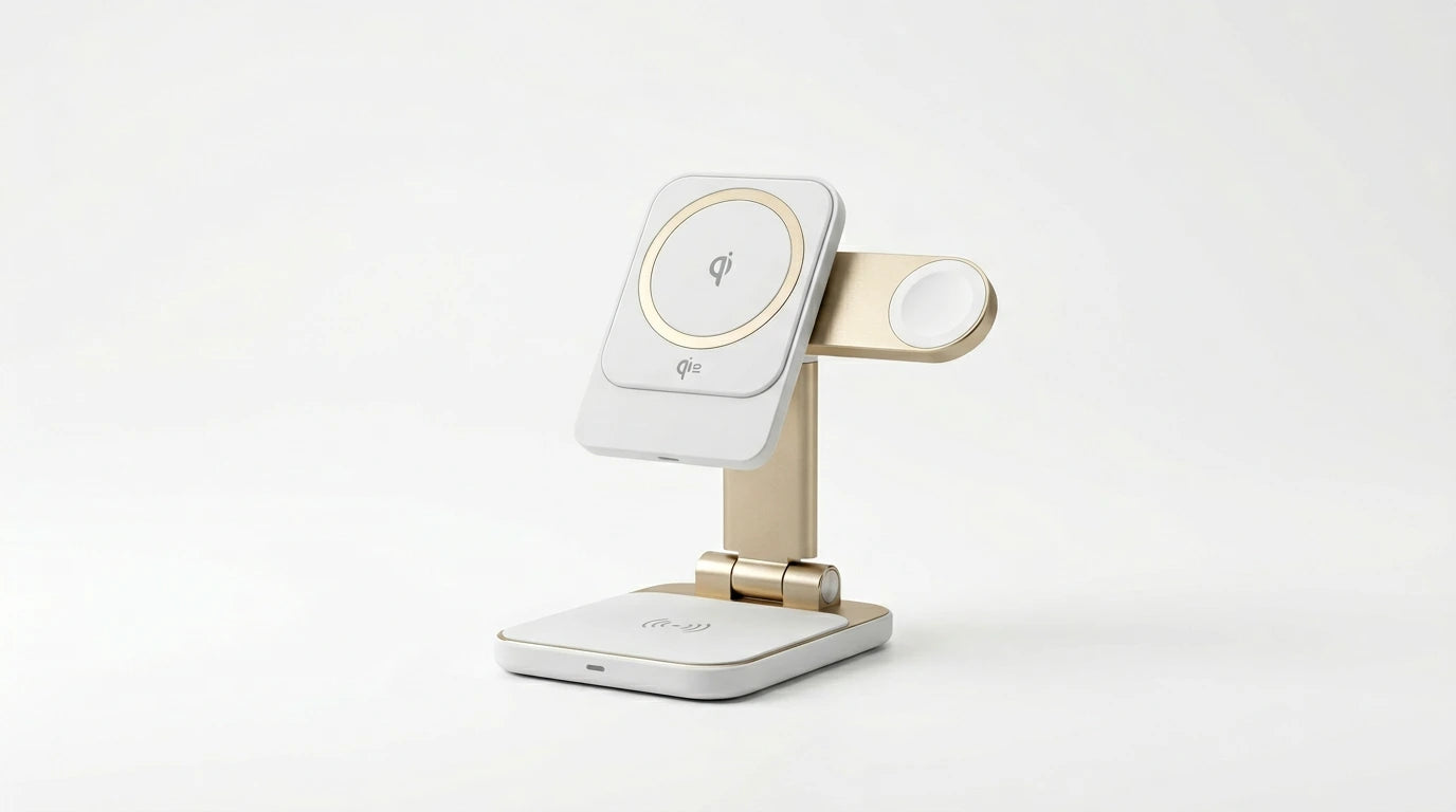 smart tech store Canada. premium tech accessories Canada. Momax 1-Charge Q.Port Qi2 3-in-1 Magnetic Wireless Charging Stand. Gallery image 10. Lines name one specific SKU—never substitute a generic lookalike from the category. After review passes, each render should still read as a fresh studio viewpoint of that same physical unit.