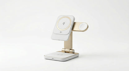 smart tech store Canada. premium tech accessories Canada. Momax 1-Charge Q.Port Qi2 3-in-1 Magnetic Wireless Charging Stand. Gallery image 10. Lines name one specific SKU—never substitute a generic lookalike from the category. After review passes, each render should still read as a fresh studio viewpoint of that same physical unit.