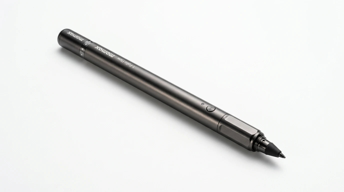 smart tech store Canada. premium tech accessories Canada. Momax 1-Folio Flow Find My Active Stylus Pen. Gallery image 8. Lines name one specific SKU—never substitute a generic lookalike from the category. After review passes, each render should still read as a fresh studio viewpoint of that same physical unit.