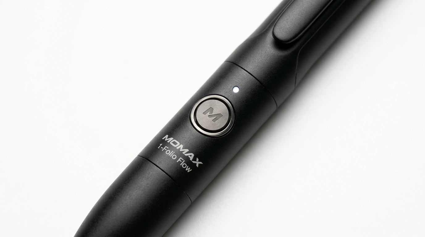 smart tech store Canada. premium tech accessories Canada. Momax 1-Folio Flow Find My Active Stylus Pen. Gallery image 9. Lines name one specific SKU—never substitute a generic lookalike from the category. After review passes, each render should still read as a fresh studio viewpoint of that same physical unit.