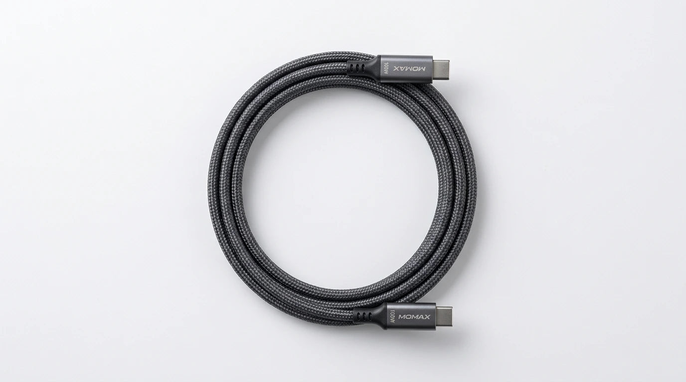 future tech gadgets Canada. premium tech accessories Canada. Momax 1-Link CC 100W USB-C 3.0M Braided Cable. Gallery image 4. Lines name one specific SKU—never substitute a generic lookalike from the category. After review passes, each render should still read as a fresh studio viewpoint of that same physical unit.