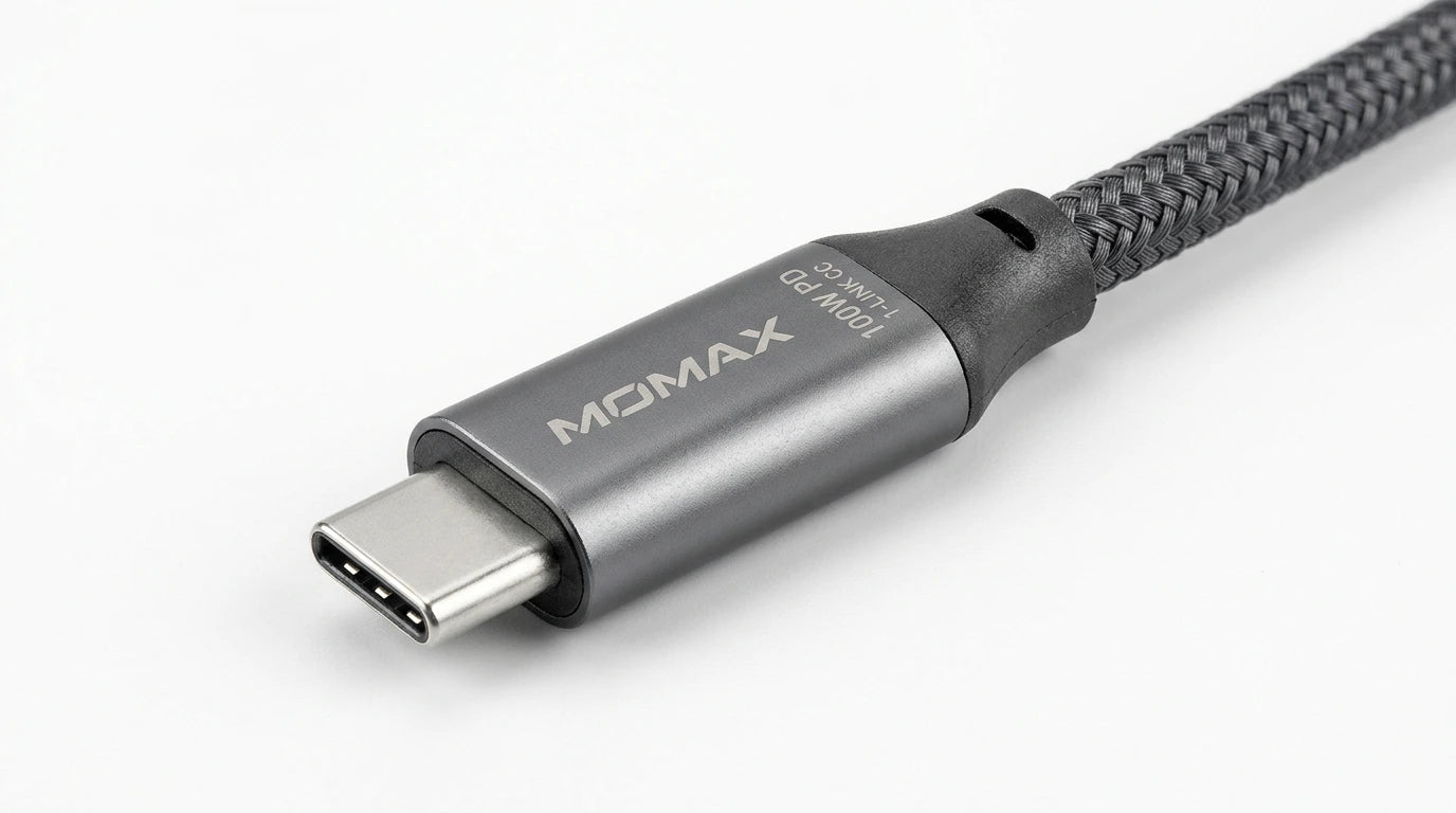 future tech gadgets Canada. premium tech accessories Canada. Momax 1-Link CC 100W USB-C 3.0M Braided Cable. Gallery image 5. Lines name one specific SKU—never substitute a generic lookalike from the category. After review passes, each render should still read as a fresh studio viewpoint of that same physical unit.