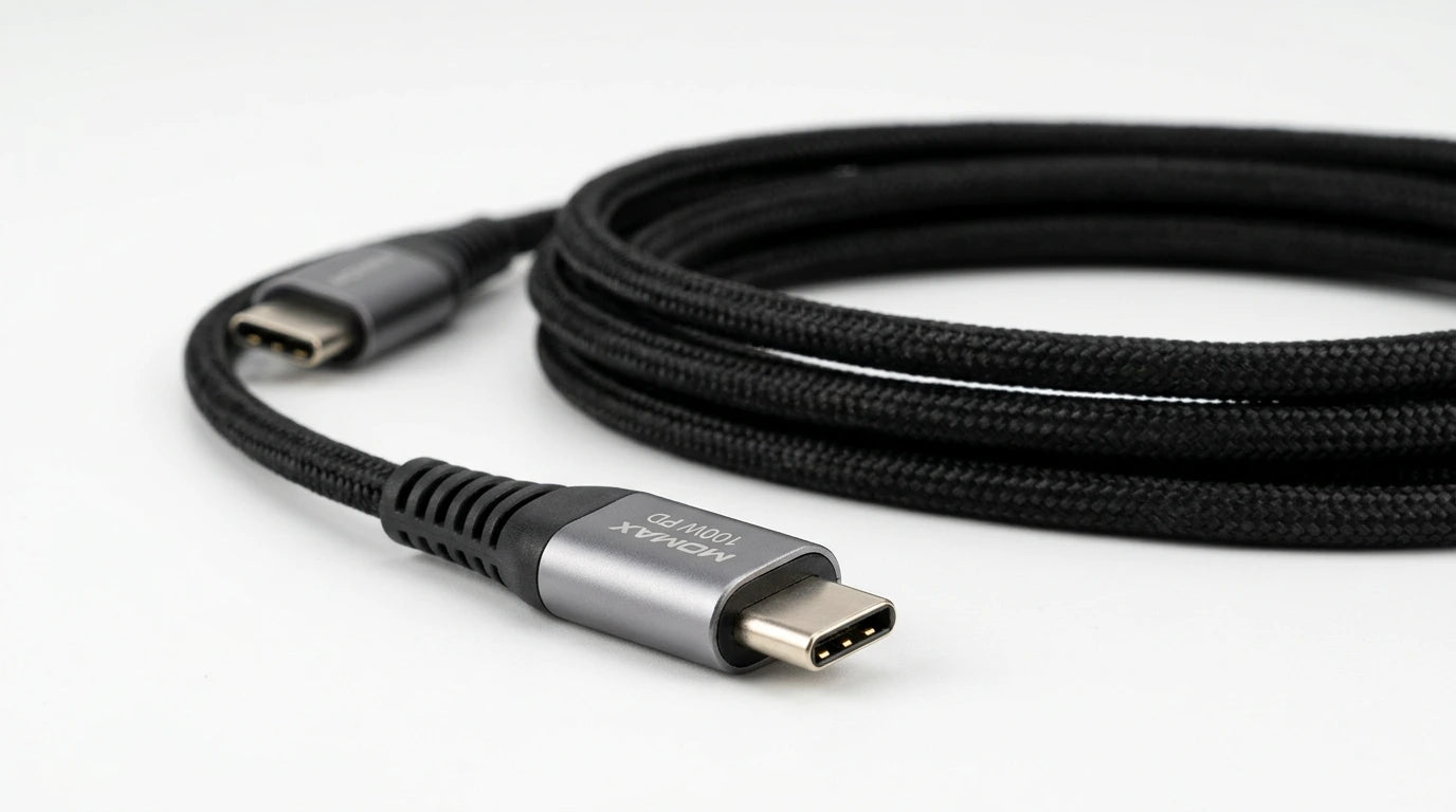 future tech gadgets Canada. premium tech accessories Canada. Momax 1-Link CC 100W USB-C 3.0M Braided Cable. Gallery image 6. Lines name one specific SKU—never substitute a generic lookalike from the category. After review passes, each render should still read as a fresh studio viewpoint of that same physical unit.