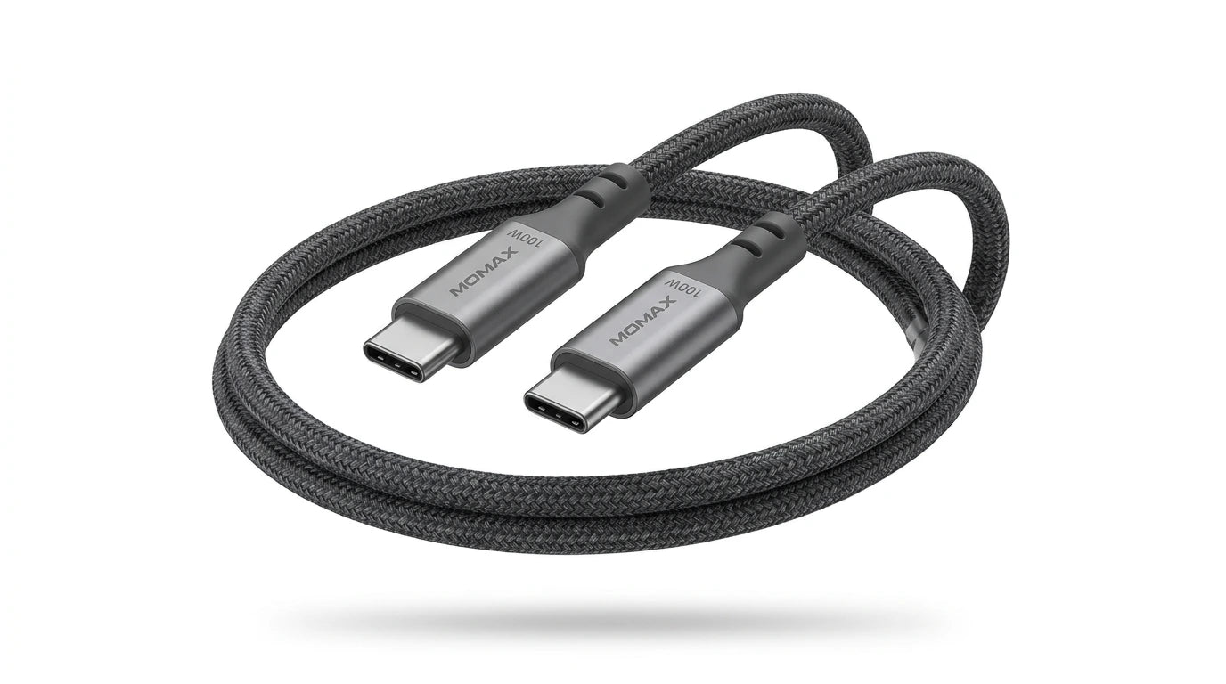 future tech gadgets Canada. premium tech accessories Canada. Momax 1-Link CC 100W USB-C 3.0M Braided Cable. Gallery image 7. Lines name one specific SKU—never substitute a generic lookalike from the category. After review passes, each render should still read as a fresh studio viewpoint of that same physical unit.