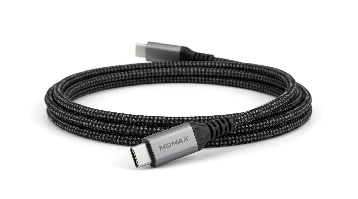 future tech gadgets Canada. premium tech accessories Canada. Momax 1-Link CC 100W USB-C 3.0M Braided Cable. Gallery image 8. Lines name one specific SKU—never substitute a generic lookalike from the category. After review passes, each render should still read as a fresh studio viewpoint of that same physical unit.