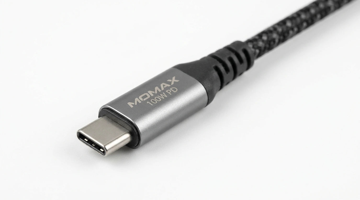 future tech gadgets Canada. premium tech accessories Canada. Momax 1-Link CC 100W USB-C 3.0M Braided Cable. Gallery image 9. Lines name one specific SKU—never substitute a generic lookalike from the category. After review passes, each render should still read as a fresh studio viewpoint of that same physical unit.