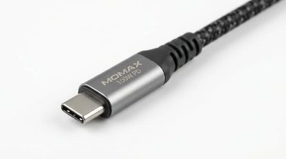future tech gadgets Canada. premium tech accessories Canada. Momax 1-Link CC 100W USB-C 3.0M Braided Cable. Gallery image 9. Lines name one specific SKU—never substitute a generic lookalike from the category. After review passes, each render should still read as a fresh studio viewpoint of that same physical unit.