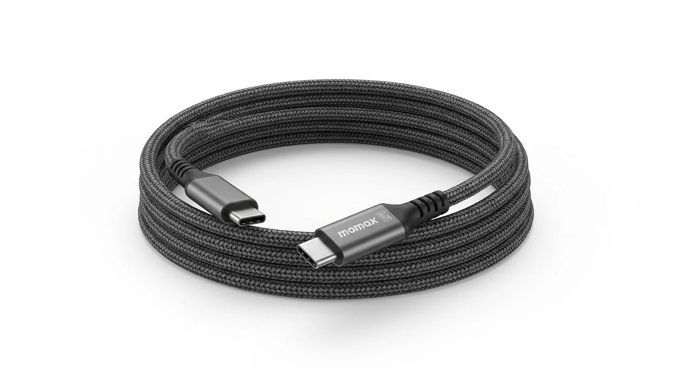 future tech gadgets Canada. premium tech accessories Canada. Momax 1-Link CC 100W USB-C 3.0M Braided Cable. Gallery image 10. Lines name one specific SKU—never substitute a generic lookalike from the category. After review passes, each render should still read as a fresh studio viewpoint of that same physical unit.