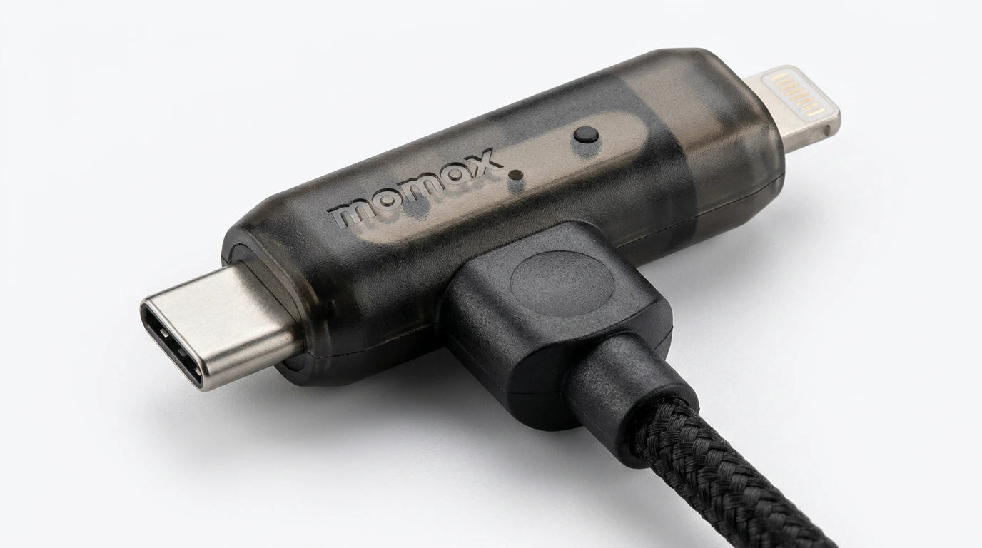 future tech gadgets Canada. premium tech accessories Canada. Momax 1-Link Flow Duo 2-in-1 Braided Cable 1.5M. Gallery image 9. Lines name one specific SKU—never substitute a generic lookalike from the category. After review passes, each render should still read as a fresh studio viewpoint of that same physical unit.
