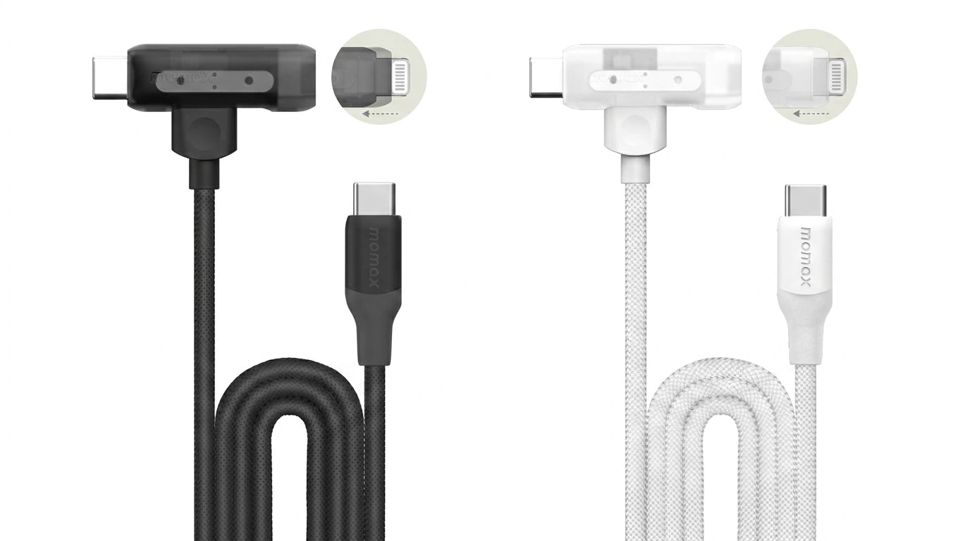 future tech gadgets Canada. premium tech accessories Canada. Momax 1-Link Flow Duo 2-in-1 Braided Cable 1.5M. Gallery image 10. Lines name one specific SKU—never substitute a generic lookalike from the category. After review passes, each render should still read as a fresh studio viewpoint of that same physical unit.