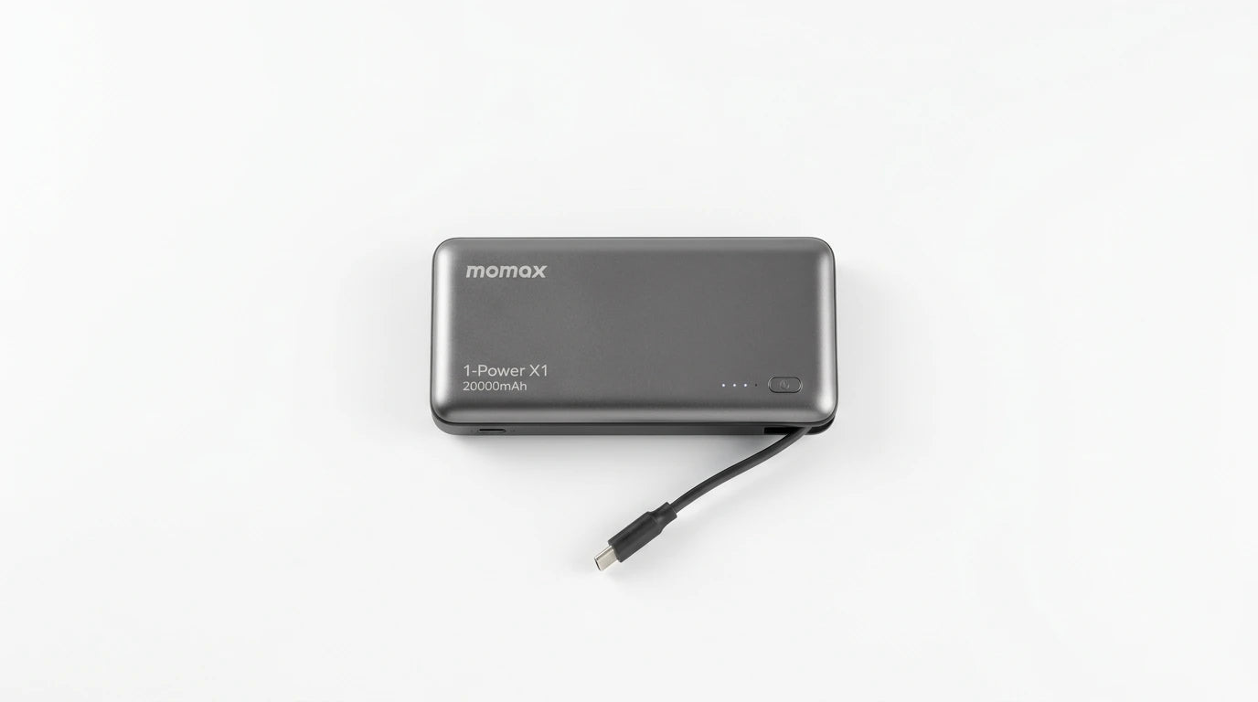premium tech accessories Canada. wireless audio Canada. Momax 1-Power X1 Battery Pack 20000mAh With Built-In USB-C Cable. Gallery image 4. Lines name one specific SKU—never substitute a generic lookalike from the category. After review passes, each render should still read as a fresh studio viewpoint of that same physical unit.
