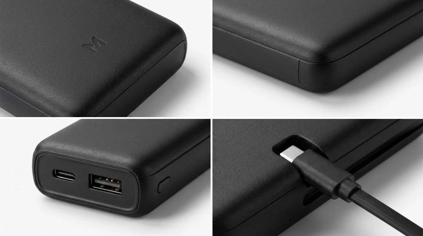 premium tech accessories Canada. wireless audio Canada. Momax 1-Power X1 Battery Pack 20000mAh With Built-In USB-C Cable. Gallery image 5. Lines name one specific SKU—never substitute a generic lookalike from the category. After review passes, each render should still read as a fresh studio viewpoint of that same physical unit.