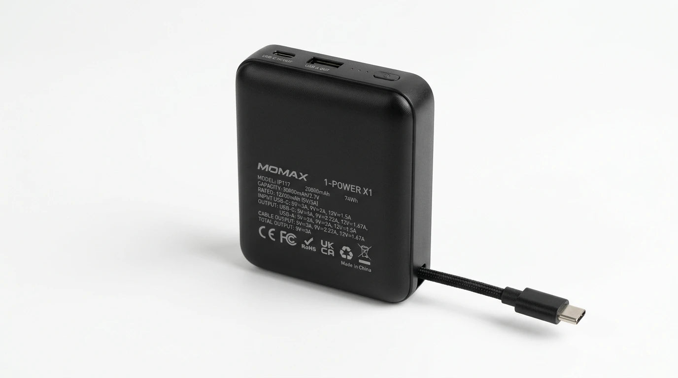 premium tech accessories Canada. wireless audio Canada. Momax 1-Power X1 Battery Pack 20000mAh With Built-In USB-C Cable. Gallery image 6. Lines name one specific SKU—never substitute a generic lookalike from the category. After review passes, each render should still read as a fresh studio viewpoint of that same physical unit.