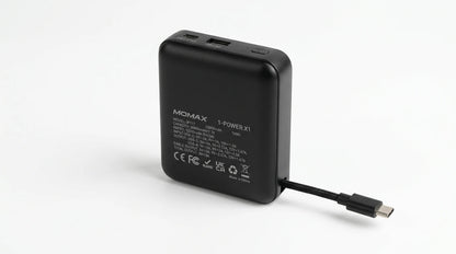 premium tech accessories Canada. wireless audio Canada. Momax 1-Power X1 Battery Pack 20000mAh With Built-In USB-C Cable. Gallery image 6. Lines name one specific SKU—never substitute a generic lookalike from the category. After review passes, each render should still read as a fresh studio viewpoint of that same physical unit.