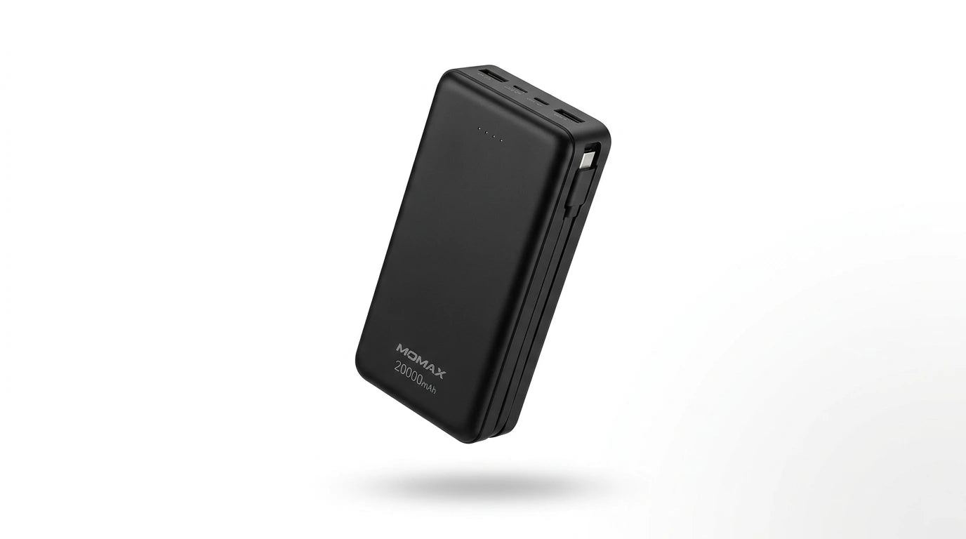 premium tech accessories Canada. wireless audio Canada. Momax 1-Power X1 Battery Pack 20000mAh With Built-In USB-C Cable. Gallery image 7. Lines name one specific SKU—never substitute a generic lookalike from the category. After review passes, each render should still read as a fresh studio viewpoint of that same physical unit.