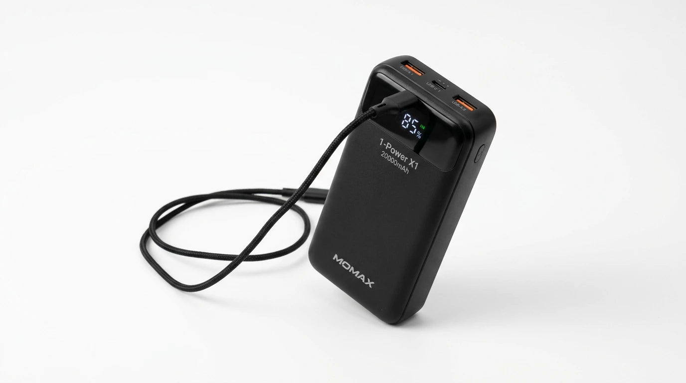 premium tech accessories Canada. wireless audio Canada. Momax 1-Power X1 Battery Pack 20000mAh With Built-In USB-C Cable. Gallery image 8. Lines name one specific SKU—never substitute a generic lookalike from the category. After review passes, each render should still read as a fresh studio viewpoint of that same physical unit.