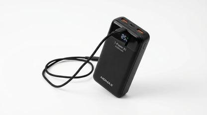 premium tech accessories Canada. wireless audio Canada. Momax 1-Power X1 Battery Pack 20000mAh With Built-In USB-C Cable. Gallery image 8. Lines name one specific SKU—never substitute a generic lookalike from the category. After review passes, each render should still read as a fresh studio viewpoint of that same physical unit.