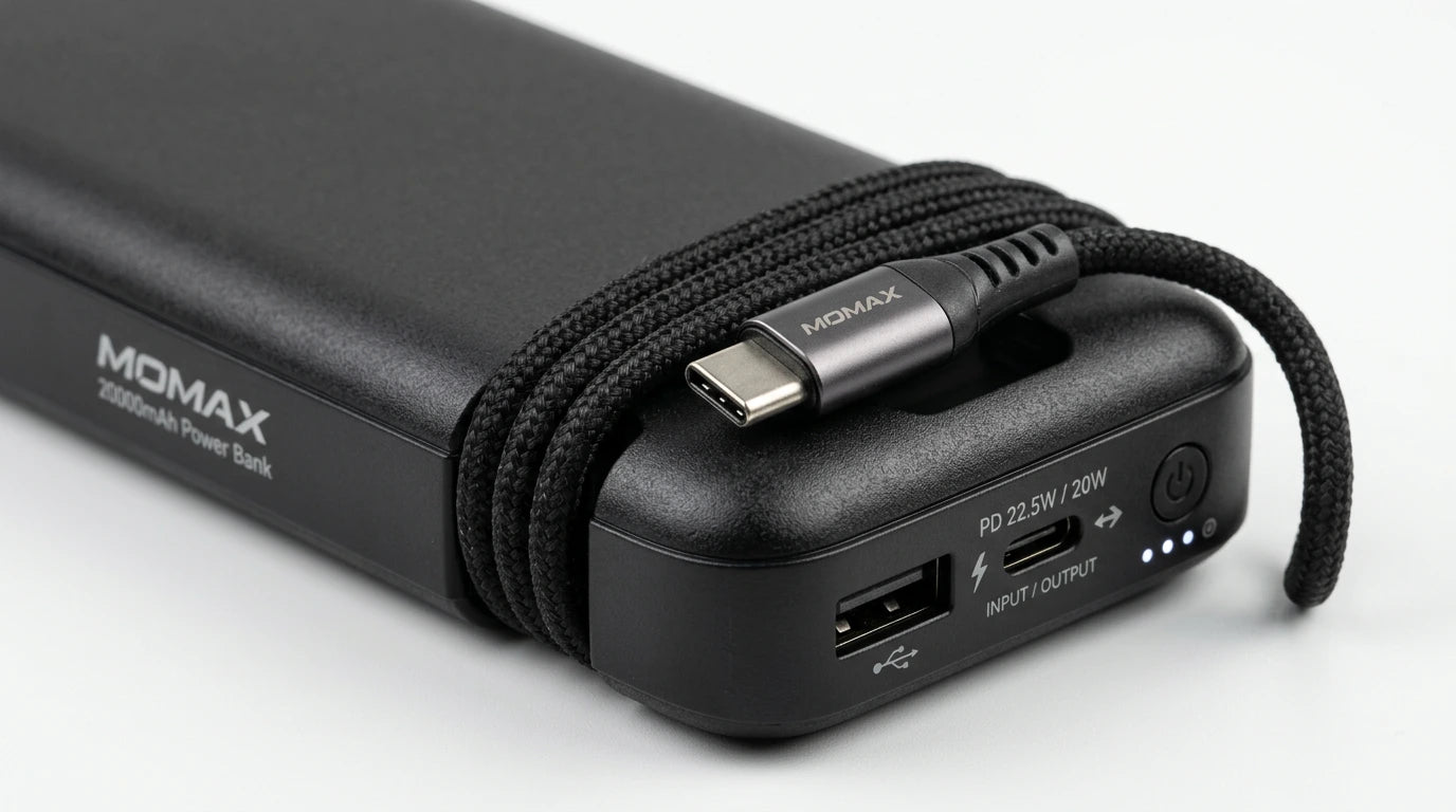 premium tech accessories Canada. wireless audio Canada. Momax 1-Power X1 Battery Pack 20000mAh With Built-In USB-C Cable. Gallery image 9. Lines name one specific SKU—never substitute a generic lookalike from the category. After review passes, each render should still read as a fresh studio viewpoint of that same physical unit.