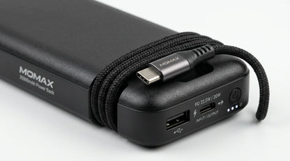 premium tech accessories Canada. wireless audio Canada. Momax 1-Power X1 Battery Pack 20000mAh With Built-In USB-C Cable. Gallery image 9. Lines name one specific SKU—never substitute a generic lookalike from the category. After review passes, each render should still read as a fresh studio viewpoint of that same physical unit.