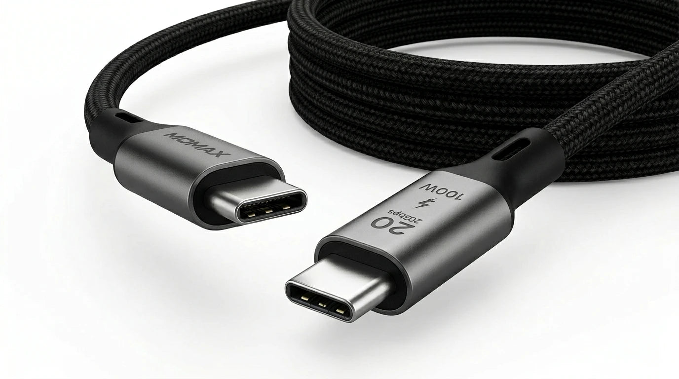 smart tech store Canada. next gen electronics shop. Momax Mag Link 100W USB-C to USB-C USB 3.2 Gen 2x2 Magnetic Cable 1M. Gallery image 6. Lines name one specific SKU—never substitute a generic lookalike from the category. After review passes, each render should still read as a fresh studio viewpoint of that same physical unit.
