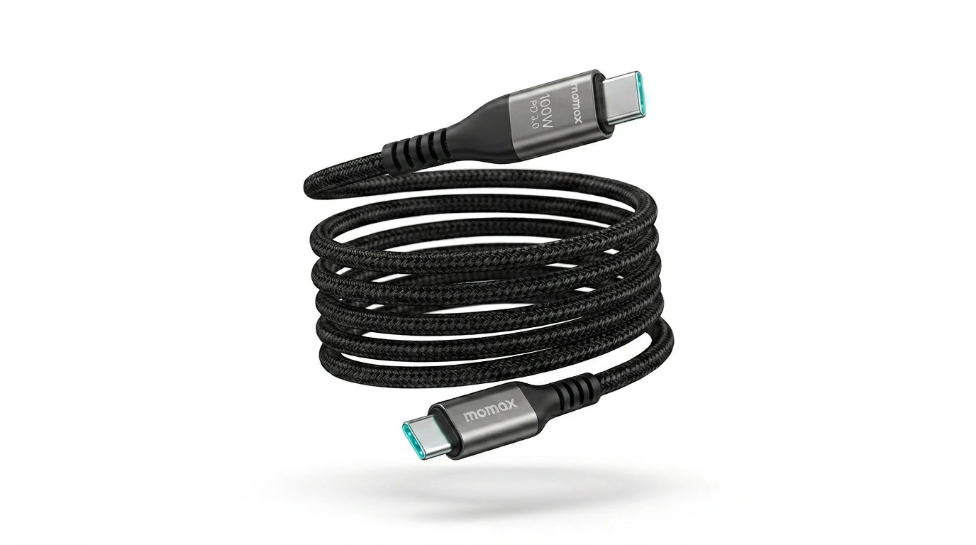 smart tech store Canada. next gen electronics shop. Momax Mag Link 100W USB-C to USB-C USB 3.2 Gen 2x2 Magnetic Cable 1M. Gallery image 7. Lines name one specific SKU—never substitute a generic lookalike from the category. After review passes, each render should still read as a fresh studio viewpoint of that same physical unit.