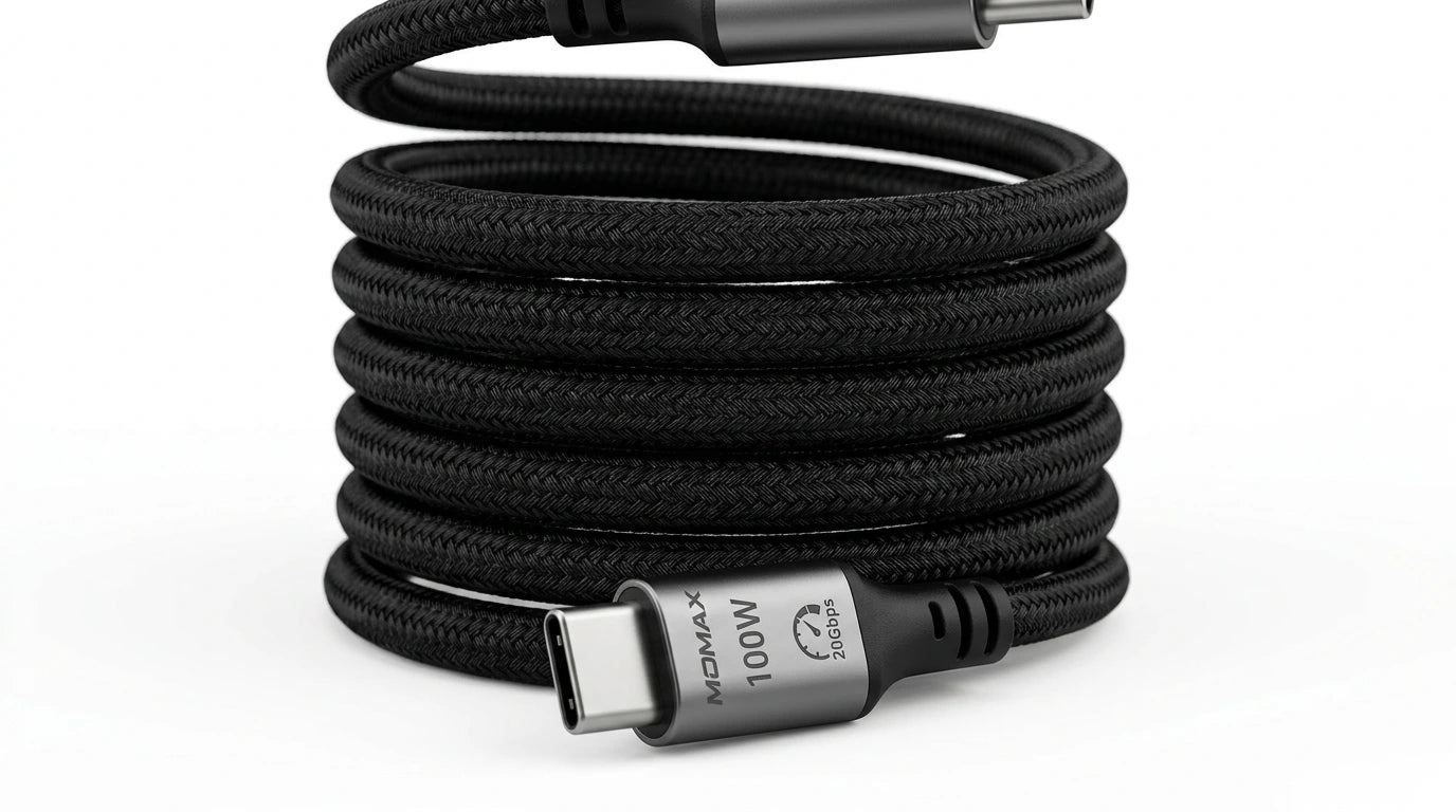 smart tech store Canada. next gen electronics shop. Momax Mag Link 100W USB-C to USB-C USB 3.2 Gen 2x2 Magnetic Cable 1M. Gallery image 9. Lines name one specific SKU—never substitute a generic lookalike from the category. After review passes, each render should still read as a fresh studio viewpoint of that same physical unit.