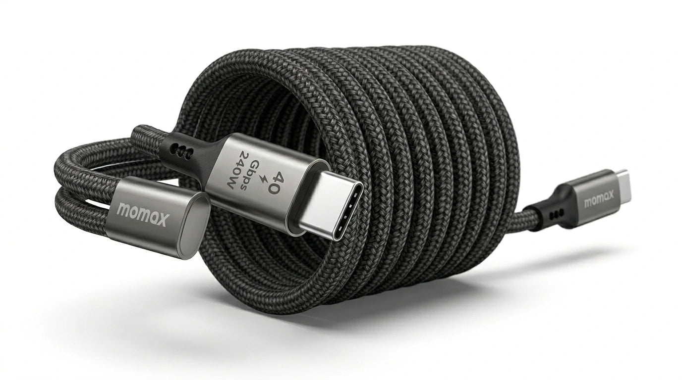 next gen electronics shop. buy electronics online Canada. Momax Mag.Link 240W Usb-C To Usb-C Usb 4 40Gbps Magnetic Cable 1.5M. Gallery image 8. Lines name one specific SKU—never substitute a generic lookalike from the category. After review passes, each render should still read as a fresh studio viewpoint of that same physical unit.
