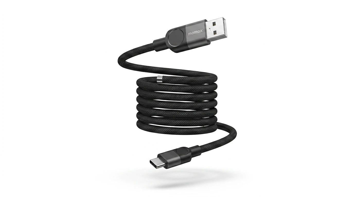 future tech gadgets Canada. premium tech accessories Canada. Momax Mag.Link 66W Usb-A To Usb-C Magnetic Cable 1M. Gallery image 7. Lines name one specific SKU—never substitute a generic lookalike from the category. After review passes, each render should still read as a fresh studio viewpoint of that same physical unit.