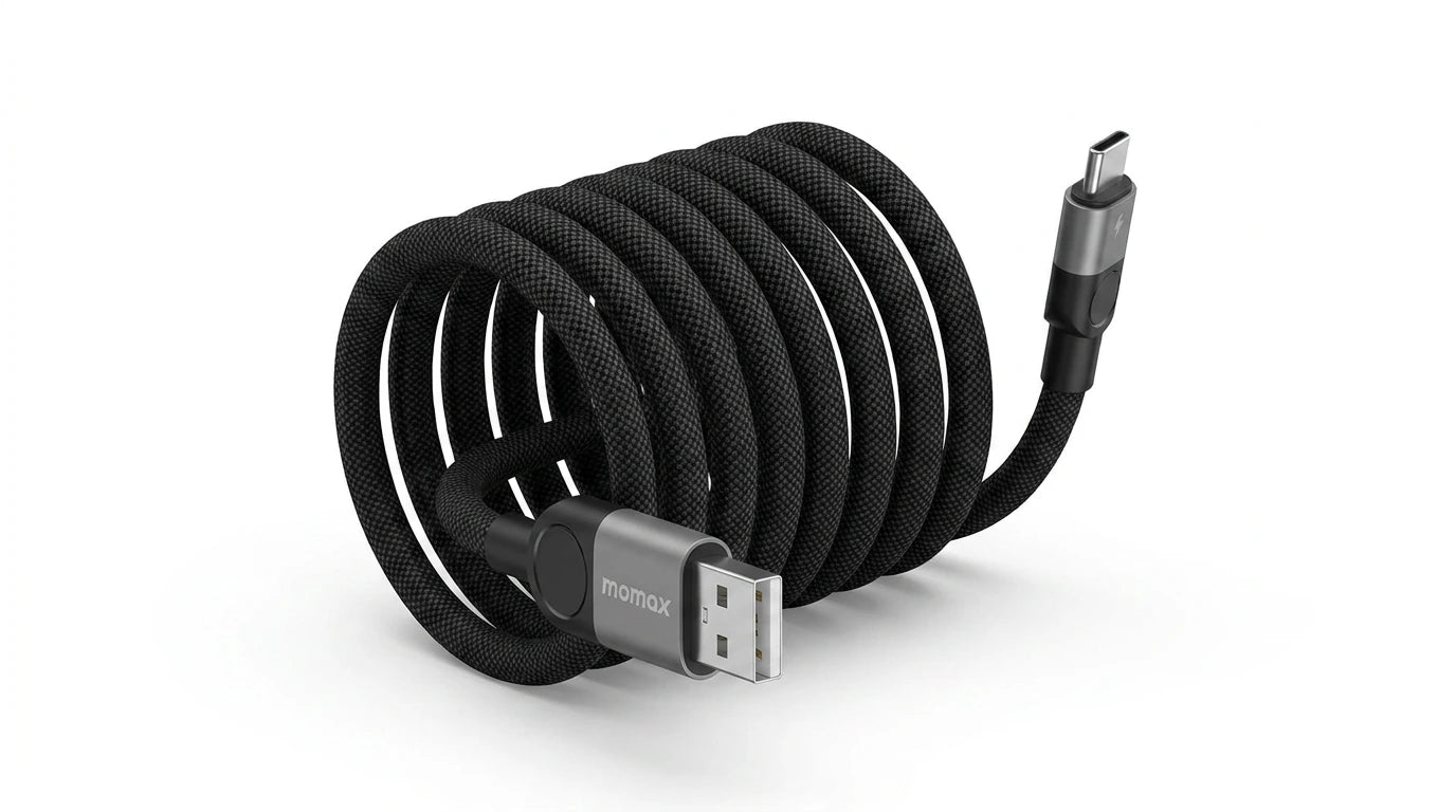 future tech gadgets Canada. premium tech accessories Canada. Momax Mag.Link 66W Usb-A To Usb-C Magnetic Cable 1M. Gallery image 8. Lines name one specific SKU—never substitute a generic lookalike from the category. After review passes, each render should still read as a fresh studio viewpoint of that same physical unit.