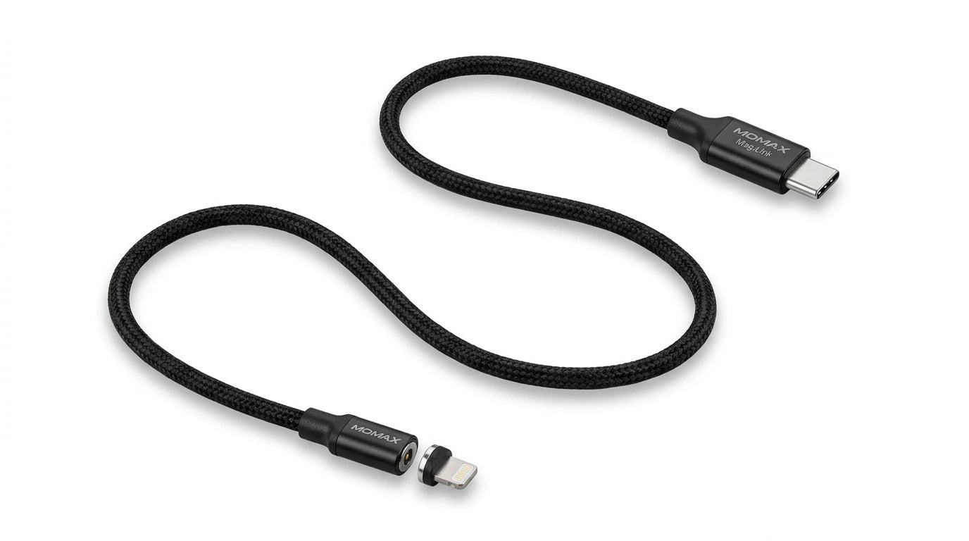next gen electronics shop. buy electronics online Canada. Momax Mag.Link Usb-C To Lightning Magnetic Cable 2M. Gallery image 6. Lines name one specific SKU—never substitute a generic lookalike from the category. After review passes, each render should still read as a fresh studio viewpoint of that same physical unit.